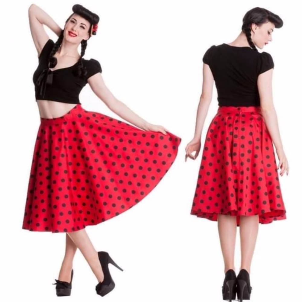 NWT  Hell Bunny Vixen Red Black Polka Dot High Waisted Swing Midi Skirt